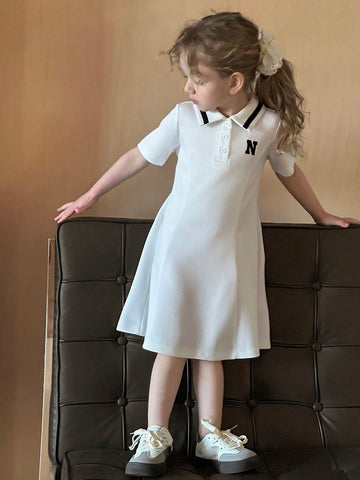 DAZY Young Girl Letter Print Polo Collar Short Sleeve Casual Dress