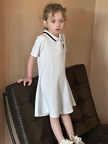 DAZY Young Girl Letter Print Polo Collar Short Sleeve Casual Dress