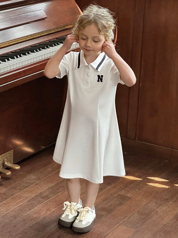 DAZY Young Girl Letter Print Polo Collar Short Sleeve Casual Dress
