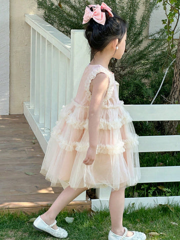Young Girl Mesh Patchwork Ruffle Trim Sleeveless Round Neck Dress