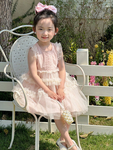 Young Girl Mesh Patchwork Ruffle Trim Sleeveless Round Neck Dress