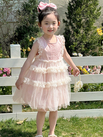 Young Girl Mesh Patchwork Ruffle Trim Sleeveless Round Neck Dress