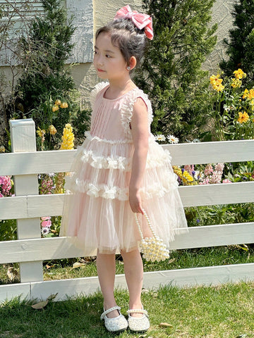 Young Girl Mesh Patchwork Ruffle Trim Sleeveless Round Neck Dress