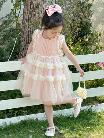 Young Girl Mesh Patchwork Ruffle Trim Sleeveless Round Neck Dress