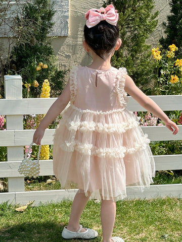 Young Girl Mesh Patchwork Ruffle Trim Sleeveless Round Neck Dress