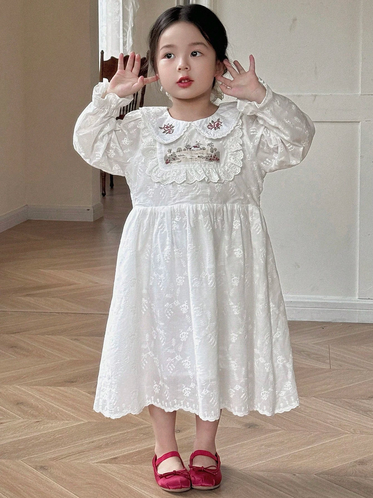 DAZY Young Girl Plain Collar Floral Minimalist Casual Day Dress