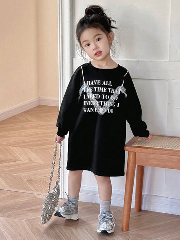 DAZY Young Girl Round Neck Long Sleeve Letter Print Simple Casual Short Dress