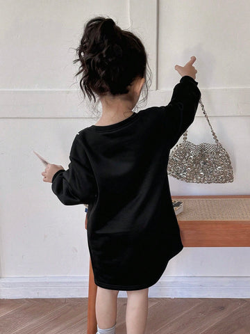 DAZY Young Girl Round Neck Long Sleeve Letter Print Simple Casual Short Dress
