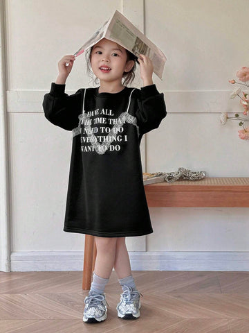 DAZY Young Girl Round Neck Long Sleeve Letter Print Simple Casual Short Dress