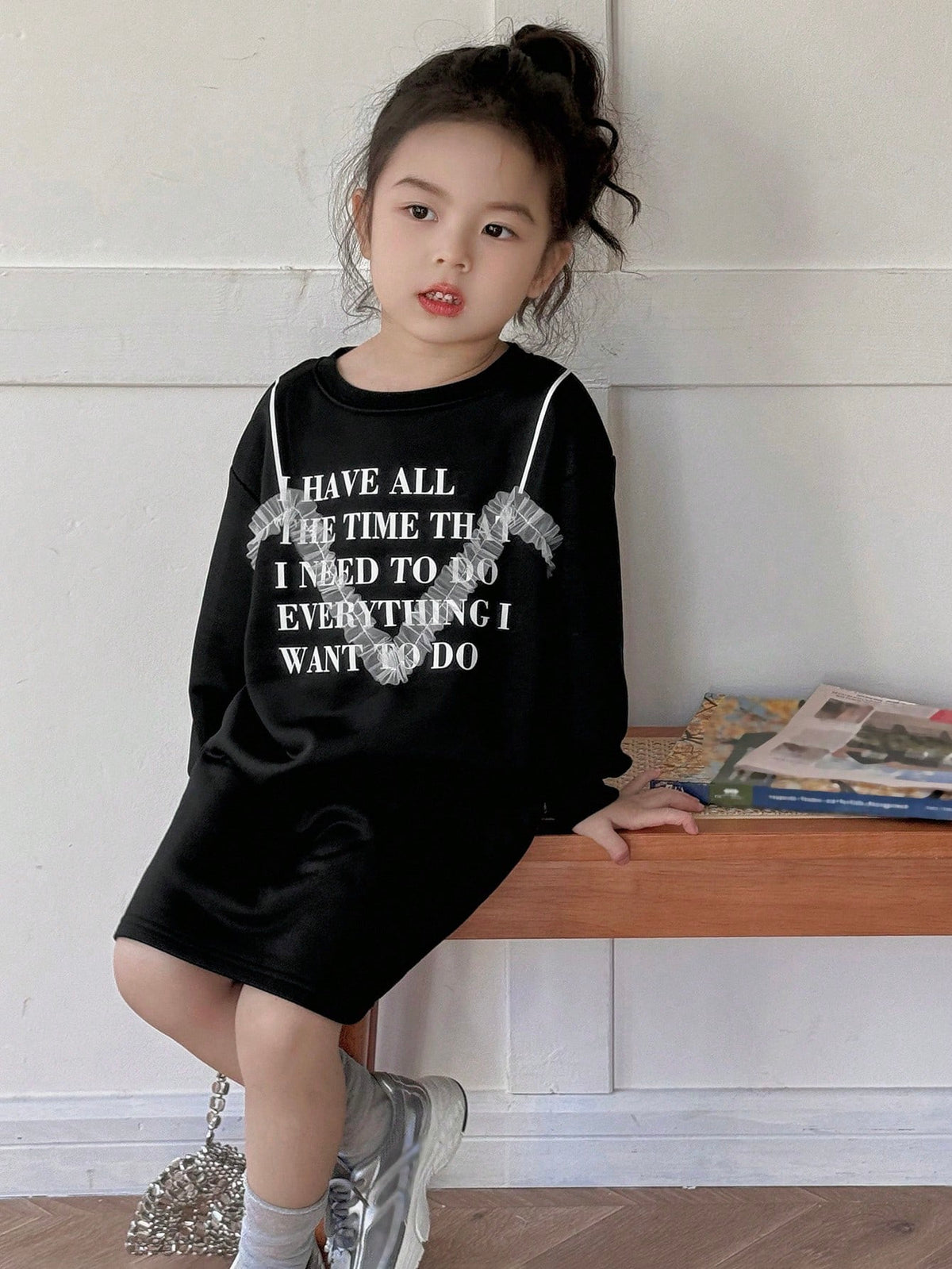 DAZY Young Girl Round Neck Long Sleeve Letter Print Simple Casual Short Dress