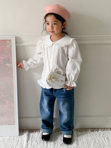 DAZY Young Girl Simple Solid Color Peter Pan Collar Shirt