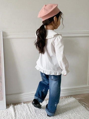 DAZY Young Girl Simple Solid Color Peter Pan Collar Shirt
