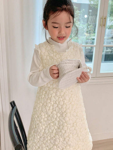 DAZY Young Girl Solid Color Floral Jacquard Ruffle Hem Jumper Dress, Autumn/Winter