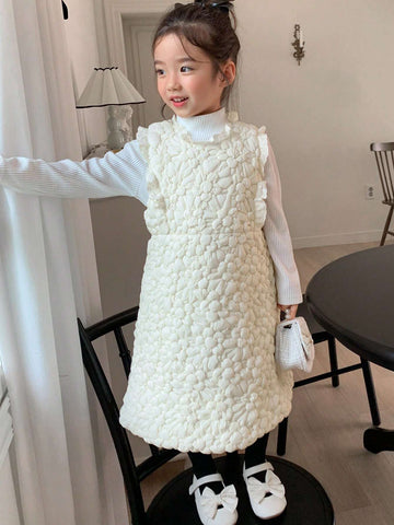 DAZY Young Girl Solid Color Floral Jacquard Ruffle Hem Jumper Dress, Autumn/Winter