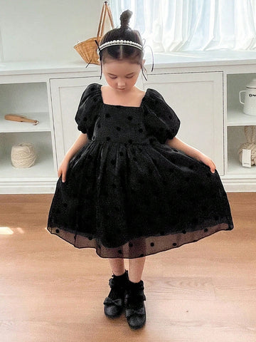 DAZY Young Girl Summer Lady Square Collar Puff Sleeve Dress