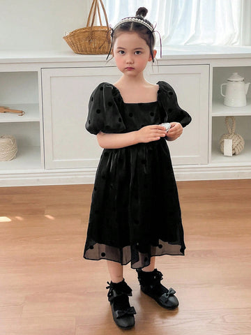 DAZY Young Girl Summer Lady Square Collar Puff Sleeve Dress