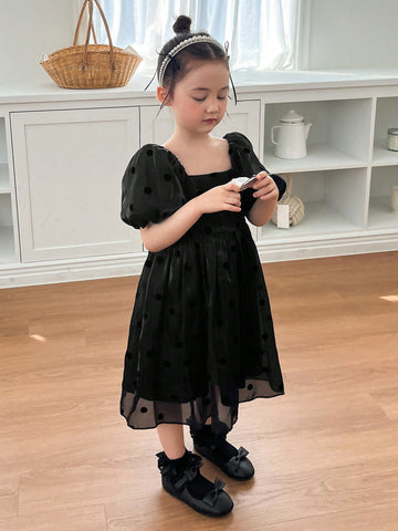 DAZY Young Girl Summer Lady Square Collar Puff Sleeve Dress