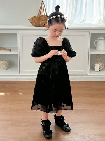 DAZY Young Girl Summer Lady Square Collar Puff Sleeve Dress