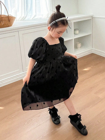 DAZY Young Girl Summer Lady Square Collar Puff Sleeve Dress
