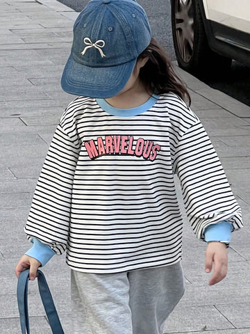DAZY Young Girls' Round Neck Striped Long Sleeve Casual Sweatshirt, Minimalist & Stylish For Everyday Wear