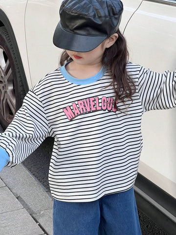 DAZY Young Girls' Round Neck Striped Long Sleeve Casual Sweatshirt, Minimalist & Stylish For Everyday Wear