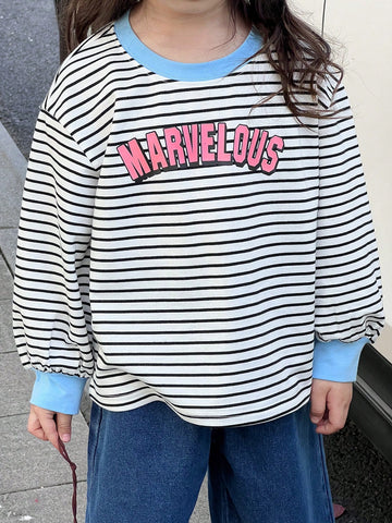 DAZY Young Girls' Round Neck Striped Long Sleeve Casual Sweatshirt, Minimalist & Stylish For Everyday Wear