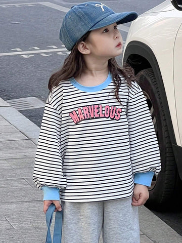 DAZY Young Girls' Round Neck Striped Long Sleeve Casual Sweatshirt, Minimalist & Stylish For Everyday Wear