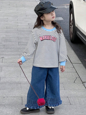 DAZY Young Girls' Round Neck Striped Long Sleeve Casual Sweatshirt, Minimalist & Stylish For Everyday Wear
