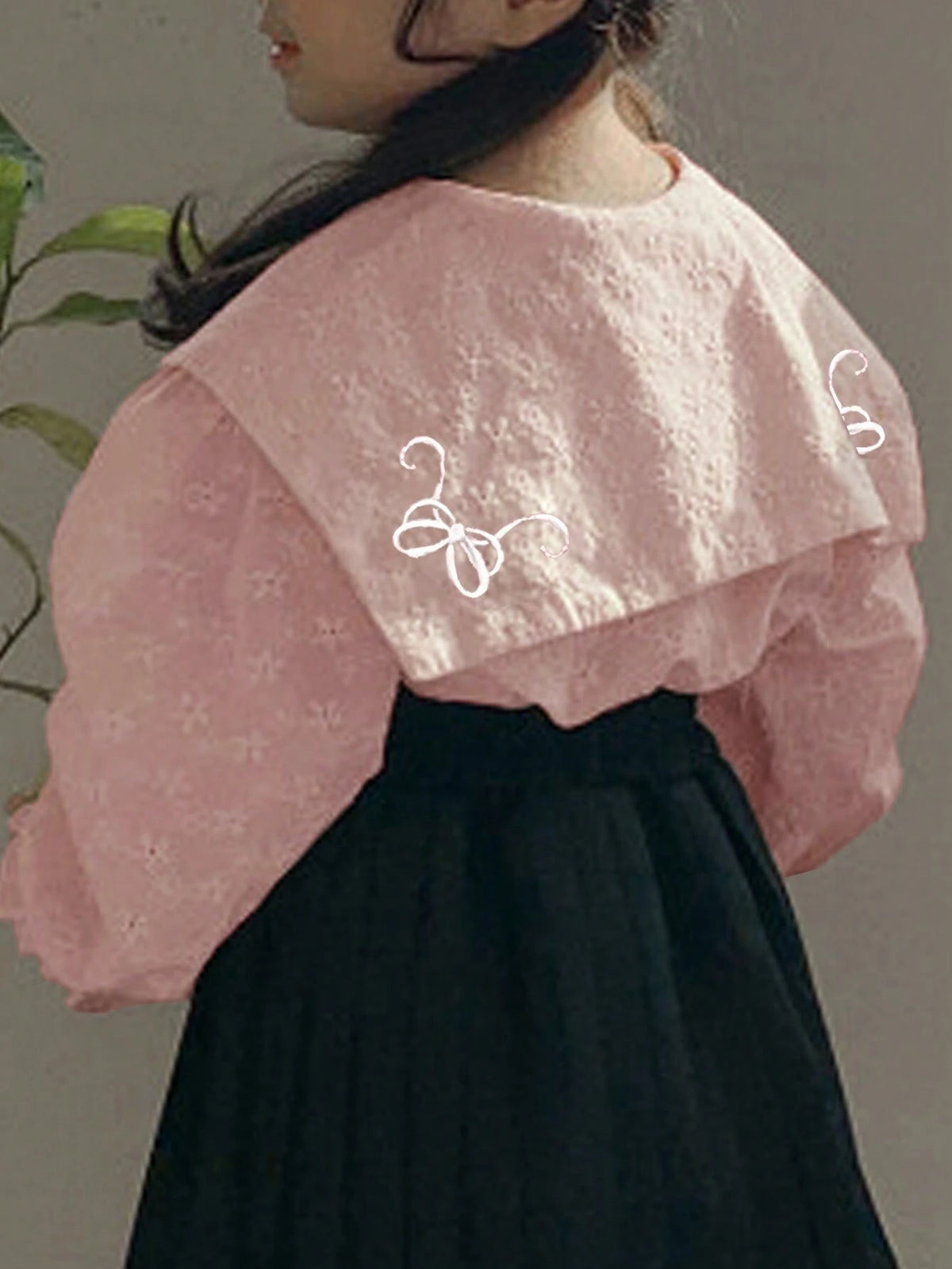 DAZY Young Girls' Spring Autumn Floral Embroidered Puff Collar Long Sleeve Cute Shirt