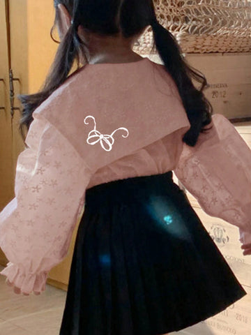 DAZY Young Girls' Spring Autumn Floral Embroidered Puff Collar Long Sleeve Cute Shirt