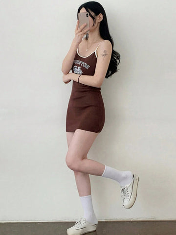 DAZY Young Lady Tight Strap Color Block Printed Bodycon Mini Dress