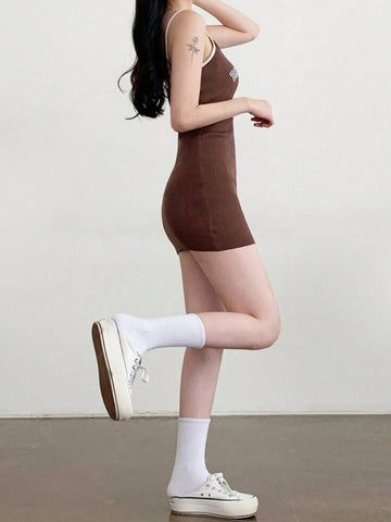 DAZY Young Lady Tight Strap Color Block Printed Bodycon Mini Dress