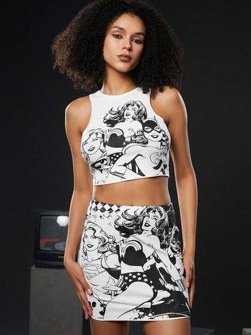 Cartoon Figure Graphic Crop Tank Top & Skirt Set