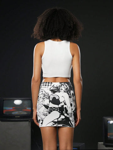 Cartoon Figure Graphic Crop Tank Top & Skirt Set