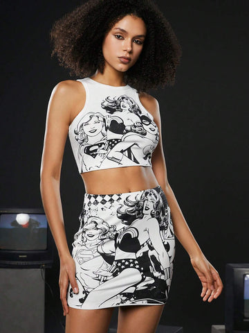 Cartoon Figure Graphic Crop Tank Top & Skirt Set