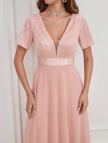 LUNE Contrast Sequin Mesh Panel Chiffon Party Dress