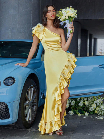 D&M Elastic & Comfortable Yellow Rose Yarn Printed Asymmetric Off-Shoulder Dress With Ruffled Hem For Women Party