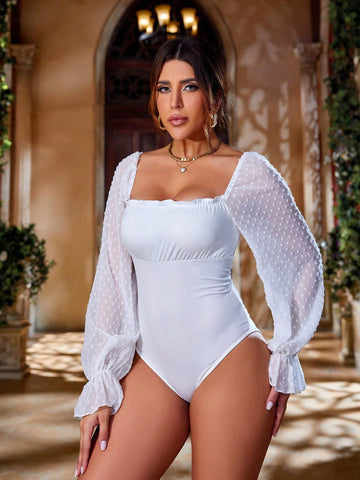 D&M Hollow Out Patchwork Chiffon Long Sleeve Bodysuit With Cross Back Straps