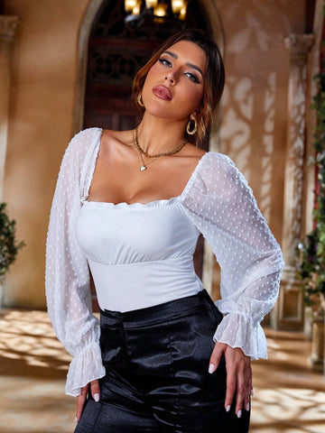 D&M Hollow Out Patchwork Chiffon Long Sleeve Bodysuit With Cross Back Straps