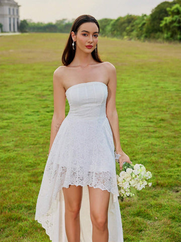 D&M Lace Strapless Wedding Dress With Pleated Hard Mesh, Sweep Train And Concealed Zipper Back