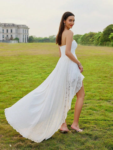 D&M Lace Strapless Wedding Dress With Pleated Hard Mesh, Sweep Train And Concealed Zipper Back