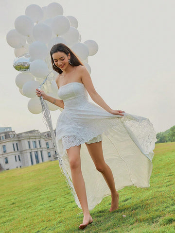 D&M Lace Strapless Wedding Dress With Pleated Hard Mesh, Sweep Train And Concealed Zipper Back