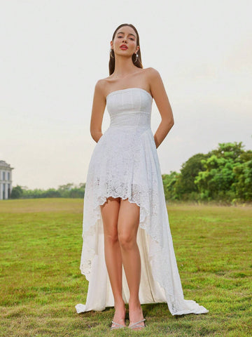 D&M Lace Strapless Wedding Dress With Pleated Hard Mesh, Sweep Train And Concealed Zipper Back