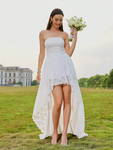 D&M Lace Strapless Wedding Dress With Pleated Hard Mesh, Sweep Train And Concealed Zipper Back