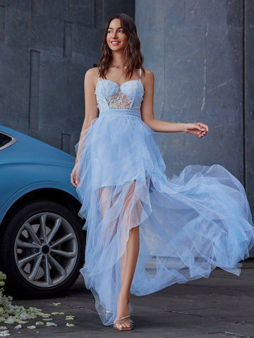 D&M Sexy 3D Butterfly & Flower Mesh Spaghetti Strap Backless High Slit Evening Dress For Women (Heavy Work Version)