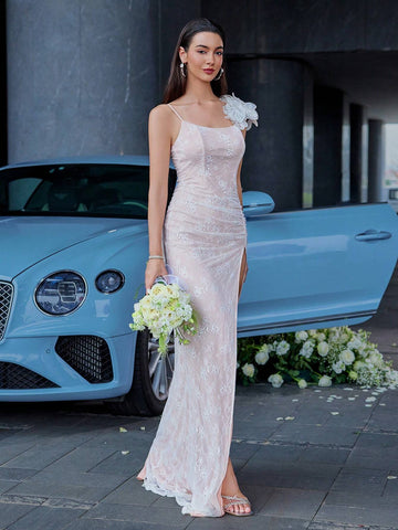 D&M Slim-Fit Lace Formal Evening Dress With Front Chest Fishtail Shape, Side Slit, Concealed Shoulder Straps With Detachable Handicraft 3D Beaded Floral Embroidery And Floor Length Hem (Heavy Duty Style)