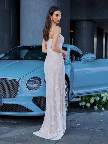 D&M Slim-Fit Lace Formal Evening Dress With Front Chest Fishtail Shape, Side Slit, Concealed Shoulder Straps With Detachable Handicraft 3D Beaded Floral Embroidery And Floor Length Hem (Heavy Duty Style)