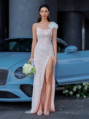 D&M Slim-Fit Lace Formal Evening Dress With Front Chest Fishtail Shape, Side Slit, Concealed Shoulder Straps With Detachable Handicraft 3D Beaded Floral Embroidery And Floor Length Hem (Heavy Duty Style)