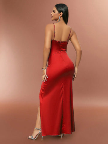 D&M Slim Fit Draped Collar Side Slit Sleeveless Sequin Evening Gown Dress With Open Back For Women