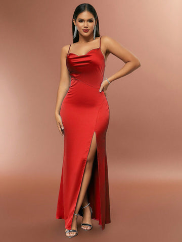 D&M Slim Fit Draped Collar Side Slit Sleeveless Sequin Evening Gown Dress With Open Back For Women